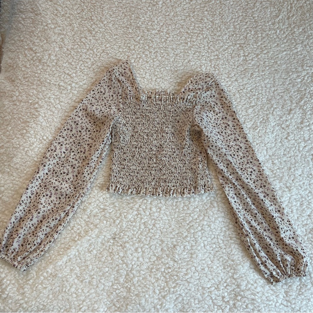 Floral Patterned Long Sleeve Smocked Women's Crop Top Size Small